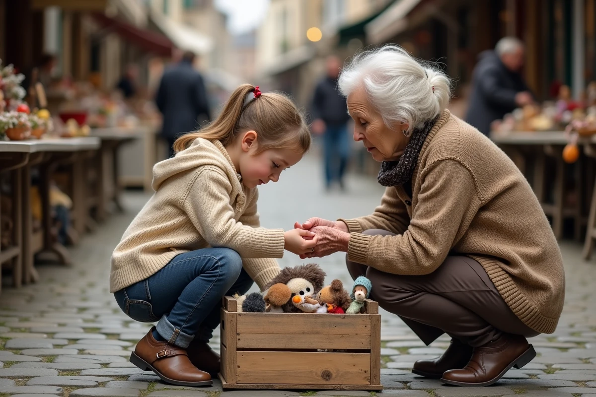 Grand-mère et petite fille regardant des jouets vintage au vide grenier