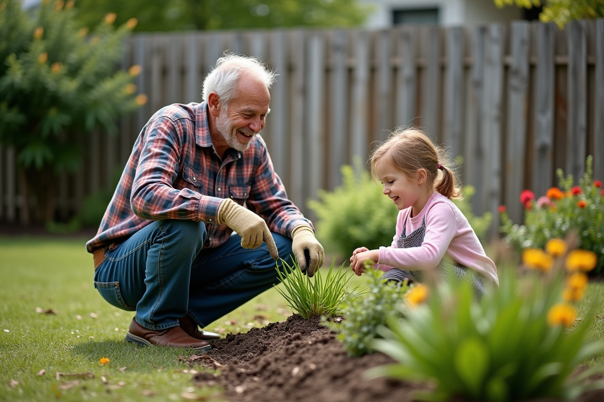 Grandson montrant des plantes à sa grand-mère dans le jardin