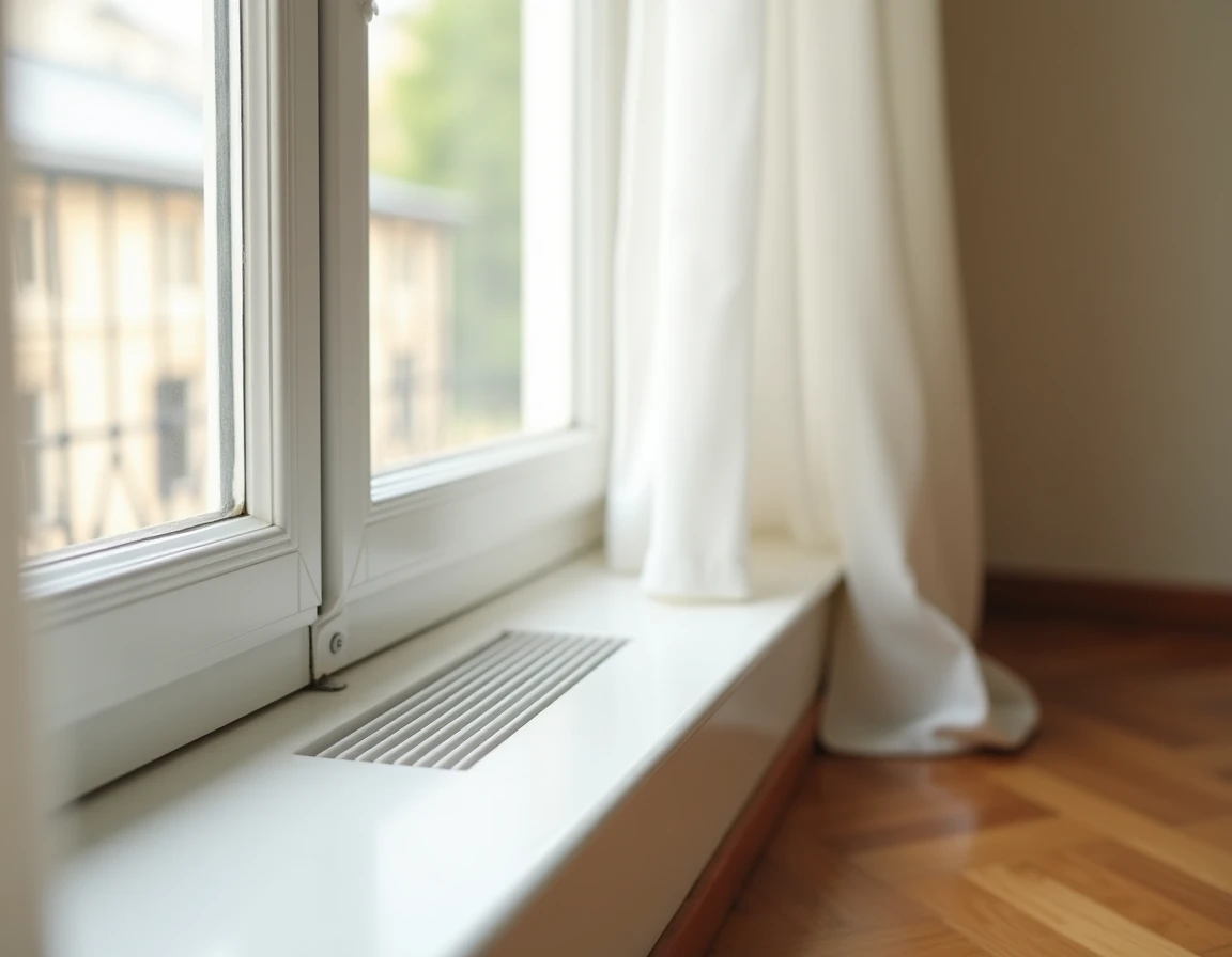 Grille d'aération insérée dans le cadre PVC d'une fenêtre de location avec conformité réglementaire