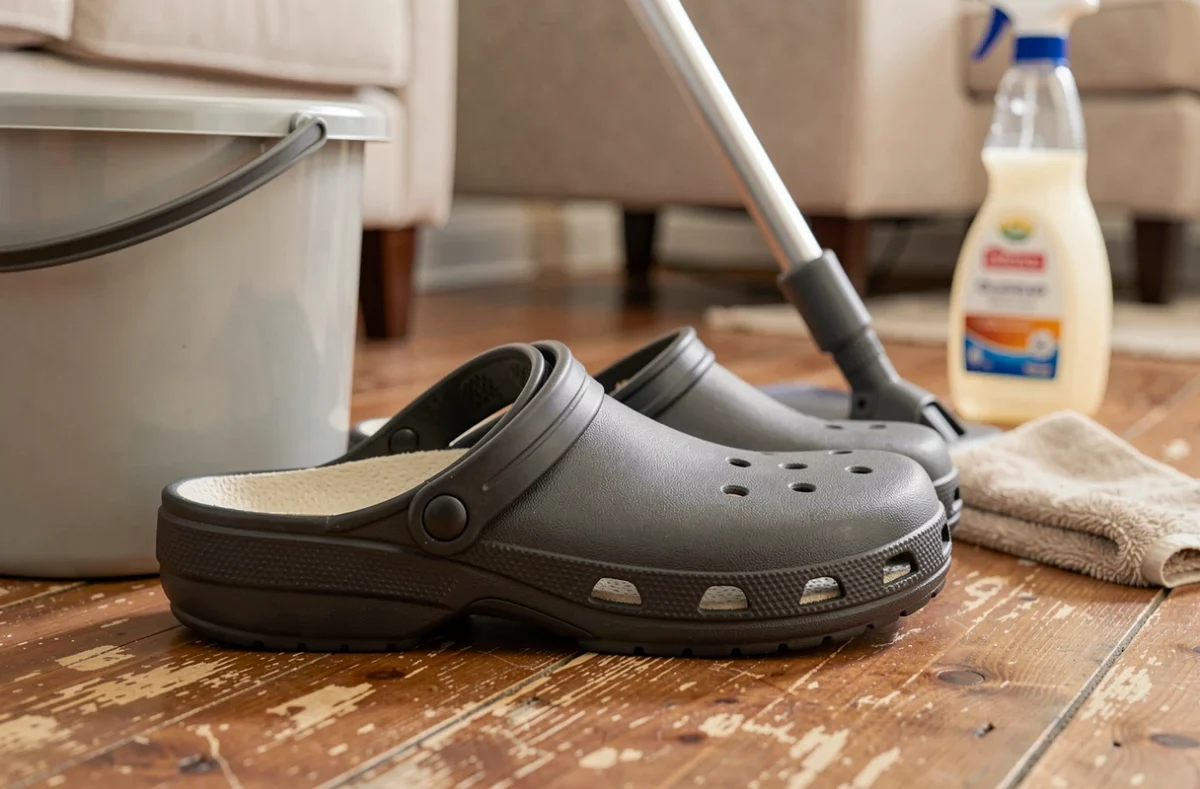 Gros plan sur une paire de sabots professionnels anatomiques posés près d'un seau et d'une serpillière sur un parquet domestique