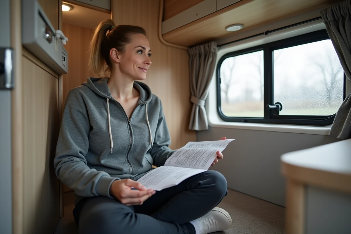 Femme consultant un guide de dépannage Truma Combi 4 à l'intérieur d'un camping-car