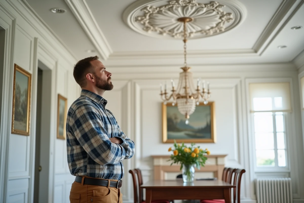 Homme regardant un plafond en plâtre décoratif dans une salle à manger