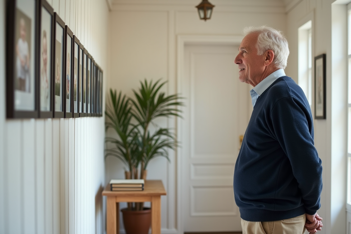 Homme âgé regardant des photos de famille dans un couloir