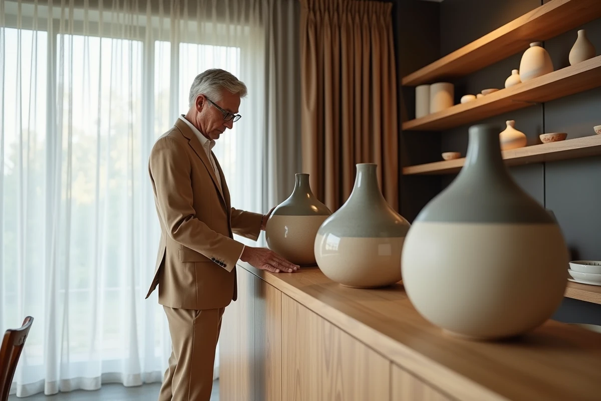 Homme arrangeant des vases en céramique dans une salle à manger moderne