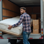 Homme dans la ville chargeant un matelas dans un camion