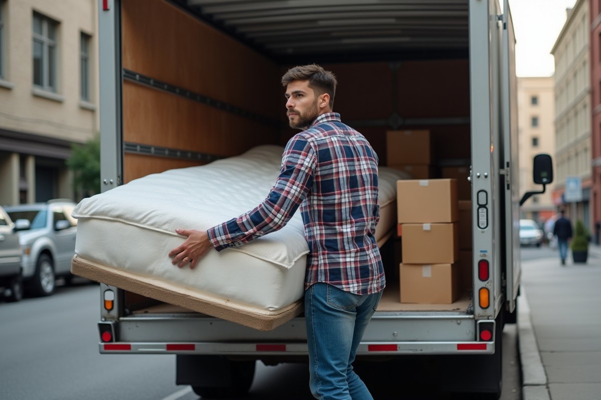 Homme dans la ville chargeant un matelas dans un camion