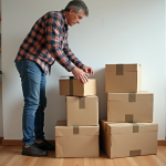 Homme d'âge moyen empilant des cartons dans un appartement