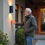Homme d'âge moyen examine une applique moderne extérieure