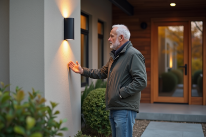 Homme d'âge moyen examine une applique moderne extérieure