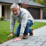 Homme d'âge moyen examine un dallage en pierre dans une cour extérieure