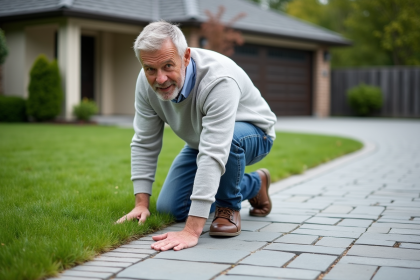 Homme d'âge moyen examine un dallage en pierre dans une cour extérieure