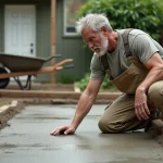 Homme examinant une dalle béton fraîchement coulée dans un jardin résidentiel pour éviter les surcoûts