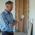 Homme d'âge moyen inspectant une prise électrique dans une rénovation