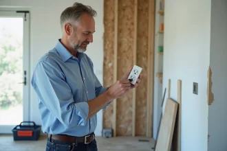 Homme d'âge moyen inspectant une prise électrique dans une rénovation