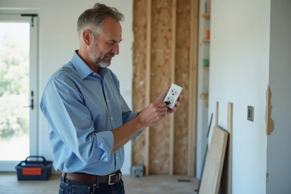 Homme d'âge moyen inspectant une prise électrique dans une rénovation