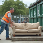 Homme en gilet de travail guidant un canapé usé au centre de recyclage
