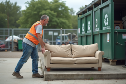 Homme en gilet de travail guidant un canapé usé au centre de recyclage