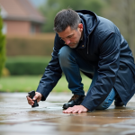 Homme appliquant un spray hydrophobe sur du sol en pierre