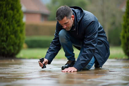 Homme appliquant un spray hydrophobe sur du sol en pierre