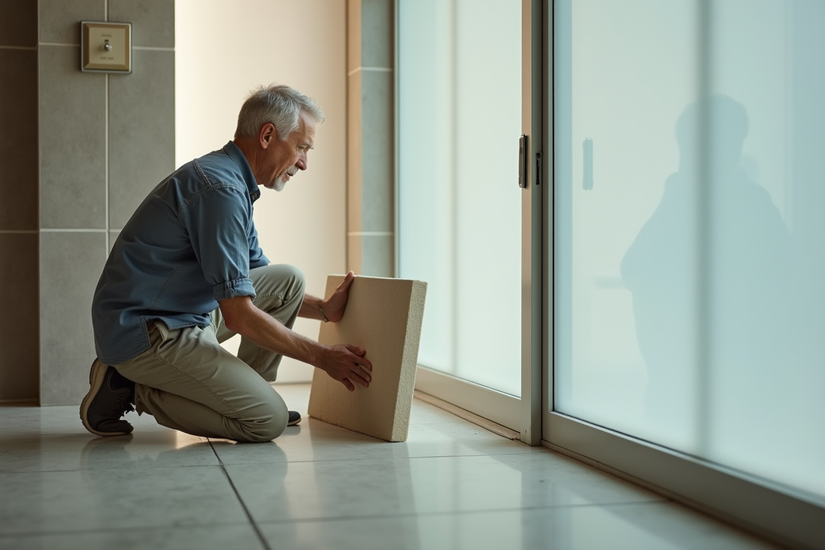 Homme pose panneau acoustique devant spa intérieur