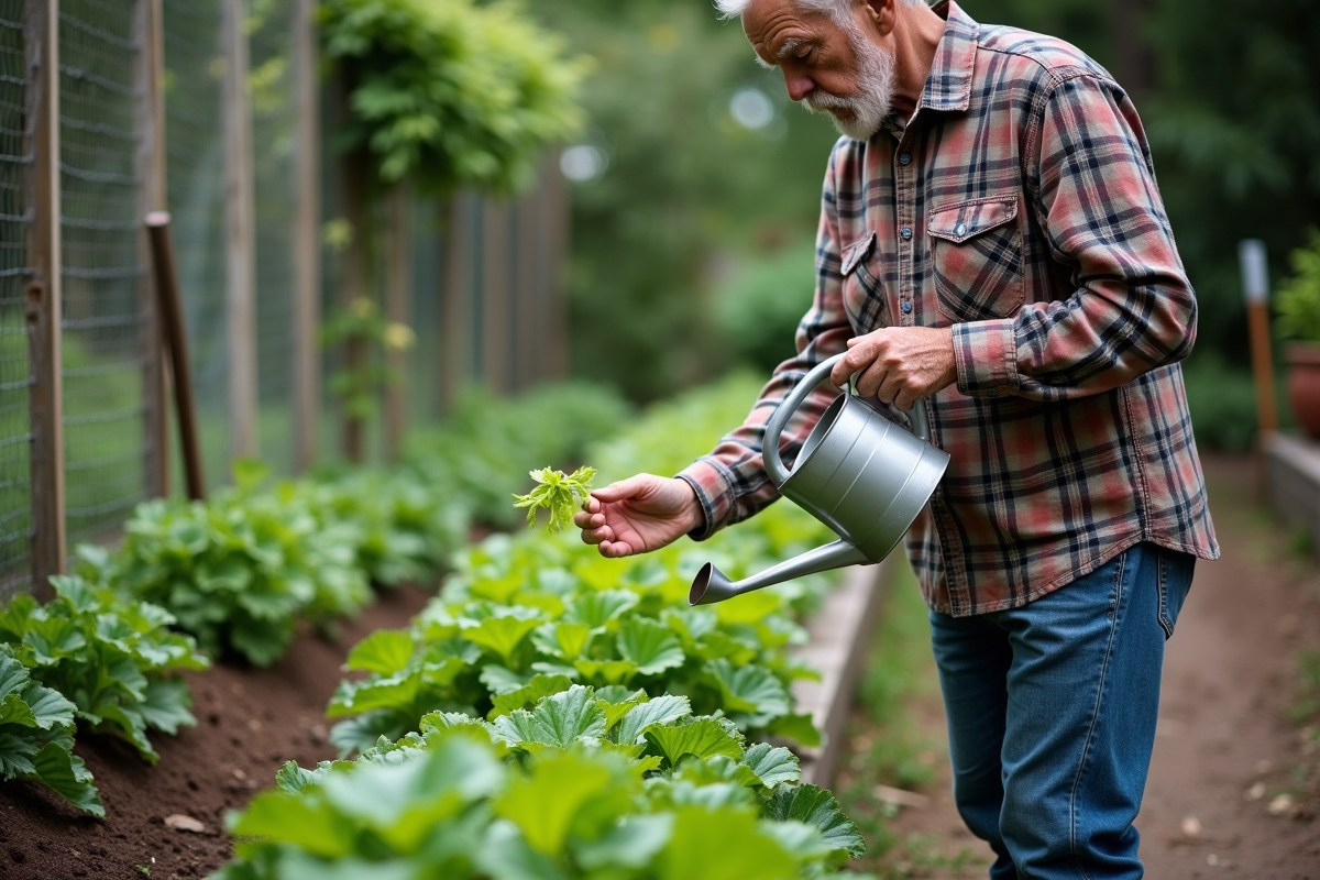Homme âgé arrosant une plante dans le jardin