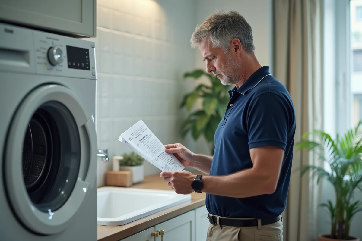 Homme lisant le manuel près de la machine à laver