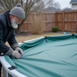 Homme en hiver posant la couverture d'une piscine hors sol