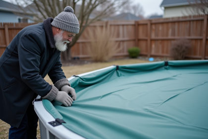Homme en hiver posant la couverture d'une piscine hors sol