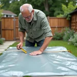 Homme mesurant une grande bâche plastique dans un jardin