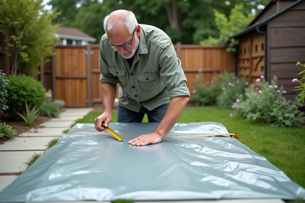 Homme mesurant une grande bâche plastique dans un jardin
