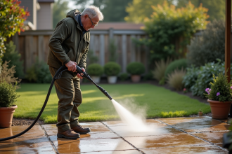 Homme en tenue de travail nettoyant un patio en pierre