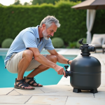 Homme ajustant la vanne d'un filtre à sable près de la piscine