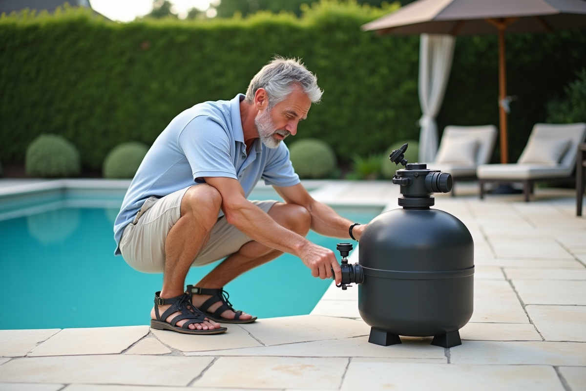 Homme ajustant la vanne d'un filtre à sable près de la piscine