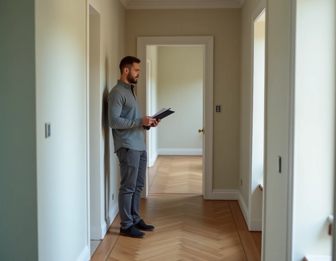 Homme avec presse-papiers planifiant la rénovation d'un couloir avec contraste avant-après sol et peinture