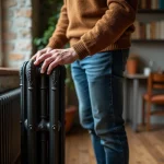 Homme d'âge moyen touchant un radiateur ancien en métal