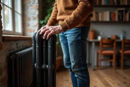 Homme d'âge moyen touchant un radiateur ancien en métal
