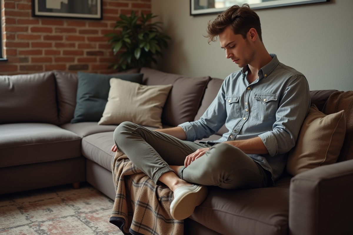 Homme détendu pliant une couverture à un sofa en velours
