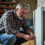 Homme répare radiateur dans salon cosy