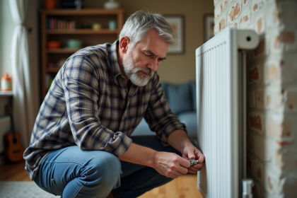 Homme répare radiateur dans salon cosy