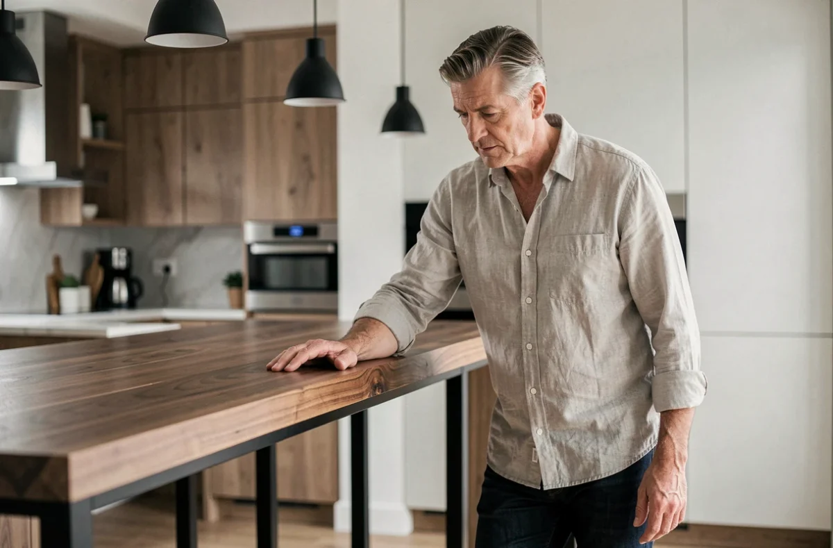 Homme inspectant une table bar en bois noyer avec pieds en acier dans une cuisine contemporaine moderne