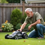 Homme utilisant une tondeuse Parkside dans un jardin résidentiel soigné
