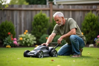 Homme utilisant une tondeuse Parkside dans un jardin résidentiel soigné