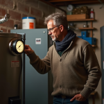 Homme d'âge moyen vérifiant le niveau de carburant dans une cuve à fioul dans un sous-sol propre