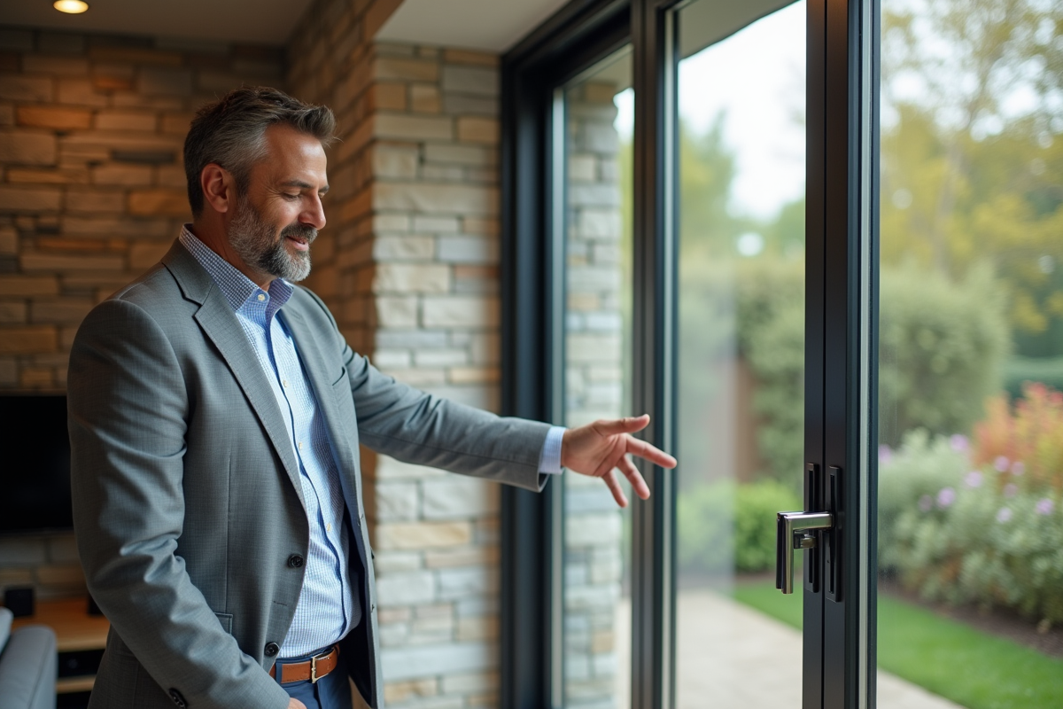 Homme vérifiant une grande fenêtre dans un salon