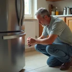 Homme vérifiant une fuite sous le réfrigérateur américain