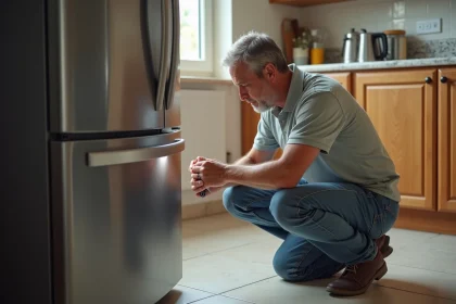 Homme vérifiant une fuite sous le réfrigérateur américain