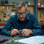 Ingénieur électricien examinant un inverseur de polarité électromagnétique sur un établi d'atelier technique