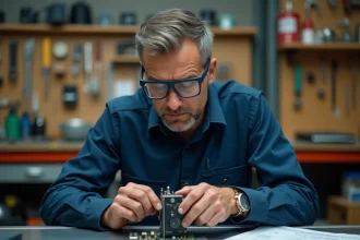 Ingénieur électricien examinant un inverseur de polarité électromagnétique sur un établi d'atelier technique