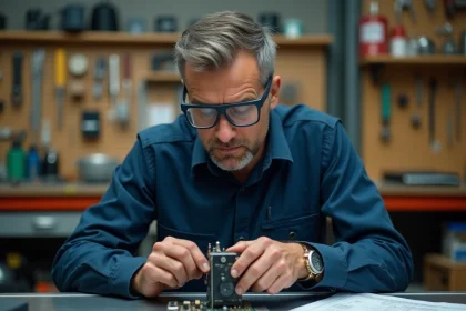 Ingénieur électricien examinant un inverseur de polarité électromagnétique sur un établi d'atelier technique