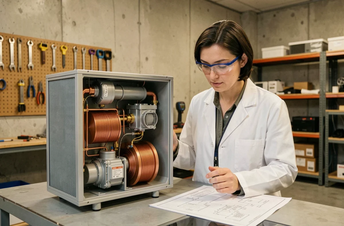 Ingénieure étudiant le fonctionnement interne d'une pompe à chaleur en coupe dans un centre de formation